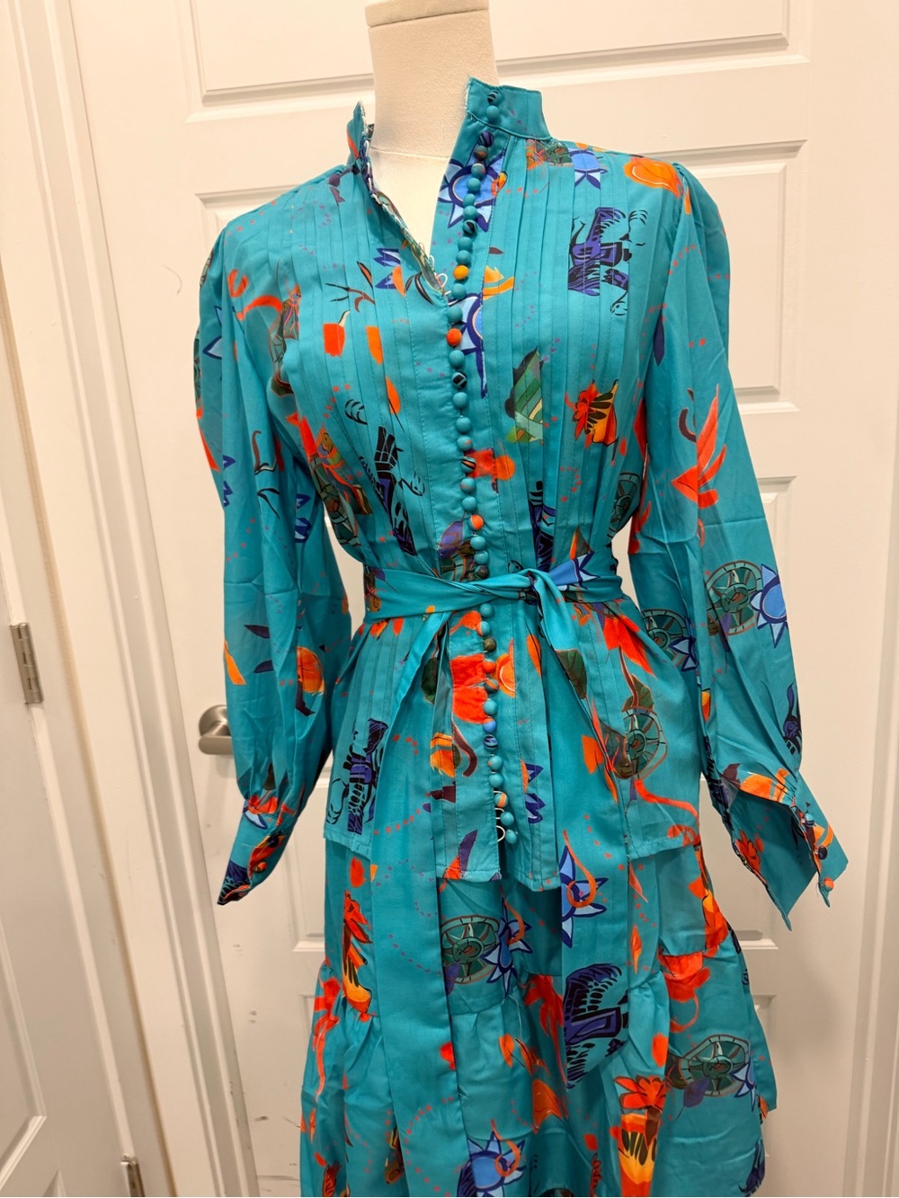 🔥Everard’s Clothing 2PC Tiered Teal Floral Maxi Skirt Set with Waist Tie NWT - Picture 3 of 14